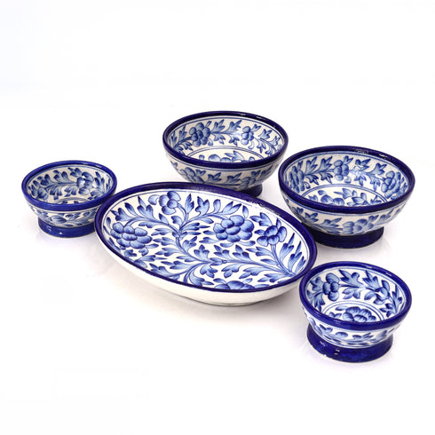 Set of 3 Jaipur Blue Pottery – Floral Oval Platter & Matching Bowls | Handcrafted Tableware for Home Décor & Serving