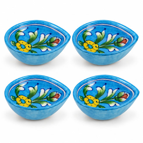 Sky Blue Decorative Floral Pattern Blue Pottery Diya