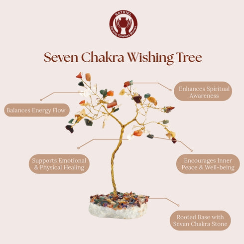 Seven Chakra Wishing Tree with tree and stones on a beige background