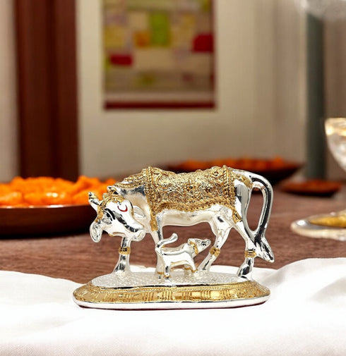 Silver-Golden plated Divine Kamdhenu Cow and Calf