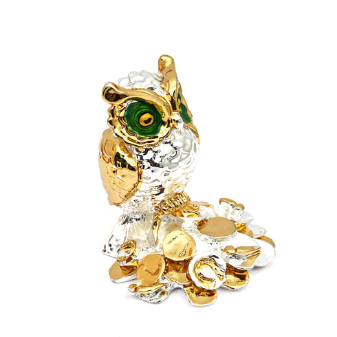 Silver- and Gold-plated Prosperity Owl idol standing on coin base