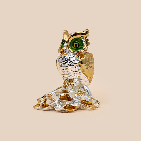 Silver- and Gold-plated Prosperity Owl idol standing on coin base