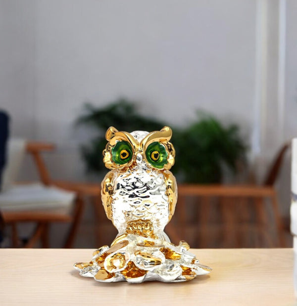Silver- and Gold-plated Prosperity Owl idol standing on coin base