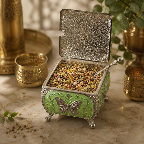 Silver Plated Butterfly Keepsake Box with Pista Green Accent