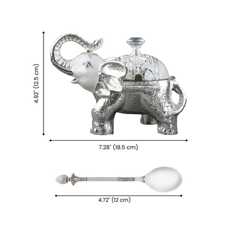 Silver Regal Elephant Decorative Sugar Pot with Crystal Knob and a Spoon
