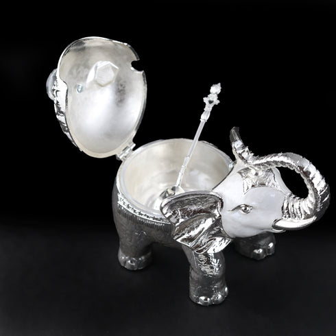 Silver Regal Elephant Decorative Sugar Pot with Crystal Knob and a Spoon