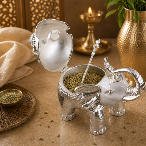 Silver Regal Elephant Decorative Sugar Pot with Crystal Knob and a Spoon