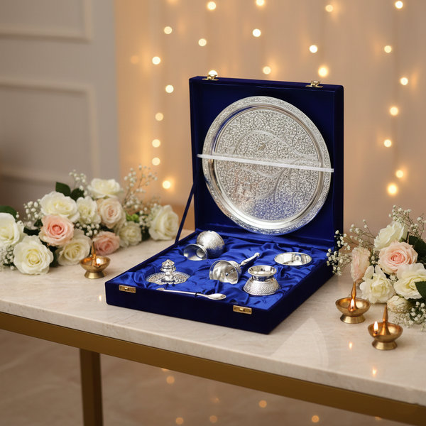 Silver plated Brass Pooja Thali set with Velvet Box
