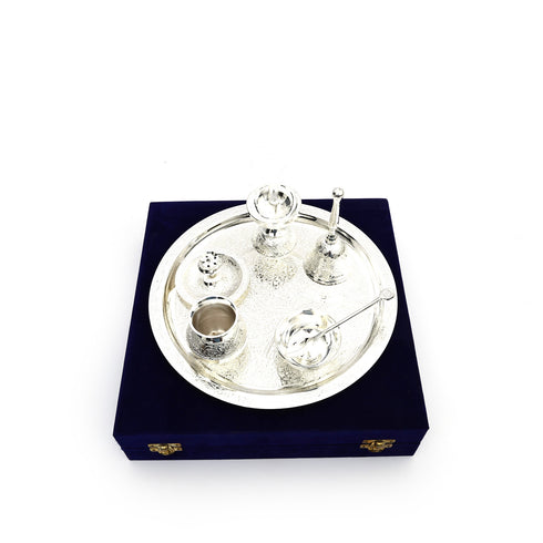 Silver plated Brass Pooja Thali set with Velvet Box (7 piece)