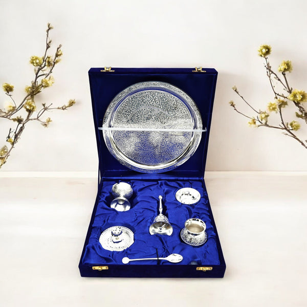 Silver plated Brass Pooja Thali set with Velvet Box (7 piece)