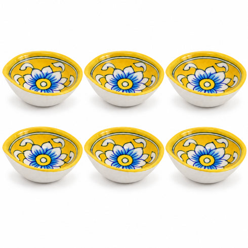 Hand Painted Yellow Blue Pottery Floral Diya Set