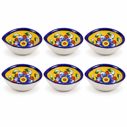 Hand Painted Blue Pottery Floral Diya Set in Yellow and Blue