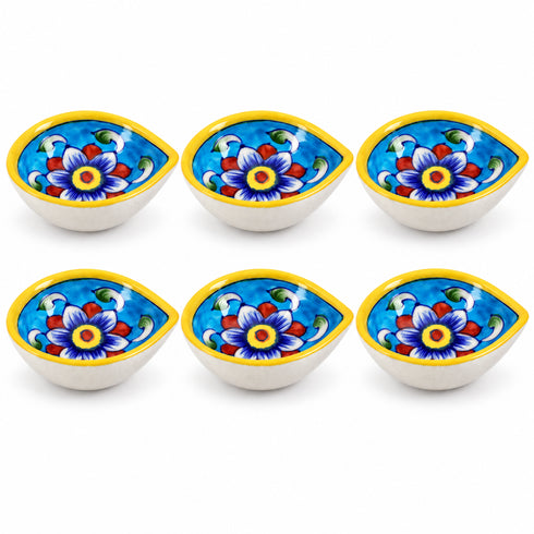 Hand-Painted Blue Pottery Diya with Floral Motif on Yellow Base