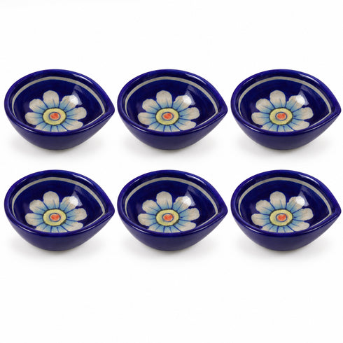Dark Blue Floral Blue Pottery Diya