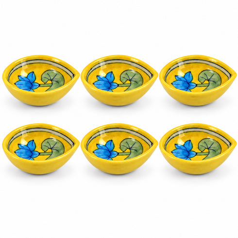 Yellow Decorative Lotus Pattern Blue Pottery Diya