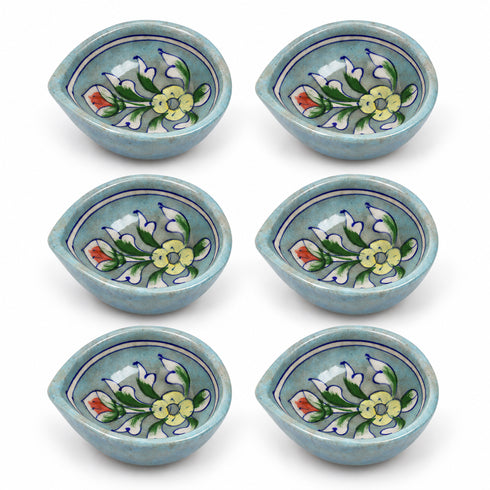 Aqua Blue Floral Pattern Blue Pottery Diya Set