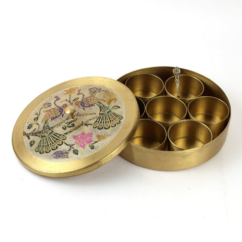 Small Brass Twin Peacock Design Spice Box