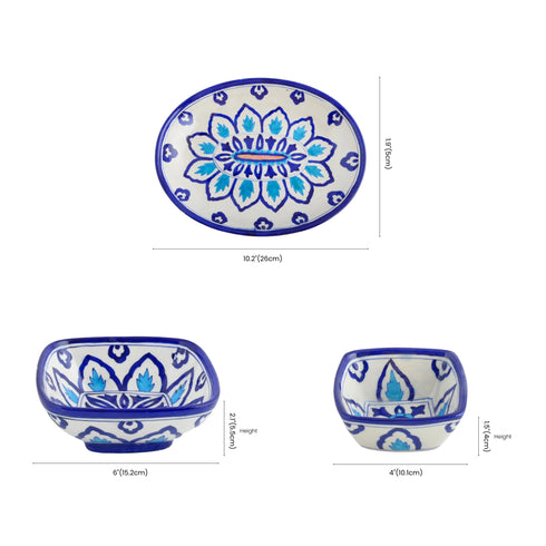 Square Blue Pottery Serving Set – Handcrafted Indigo Leaf Motif (5-Piece Set)