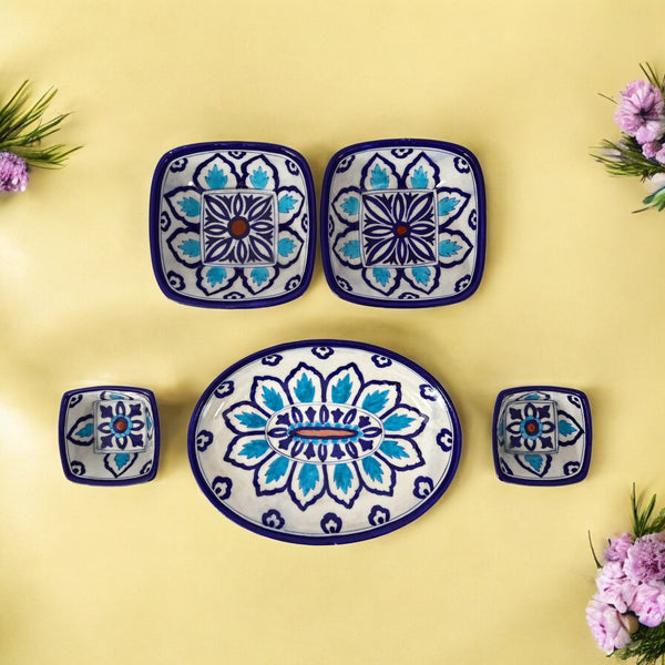 Square Blue Pottery Serving Set – Handcrafted Indigo Leaf Motif (5-Piece Set)