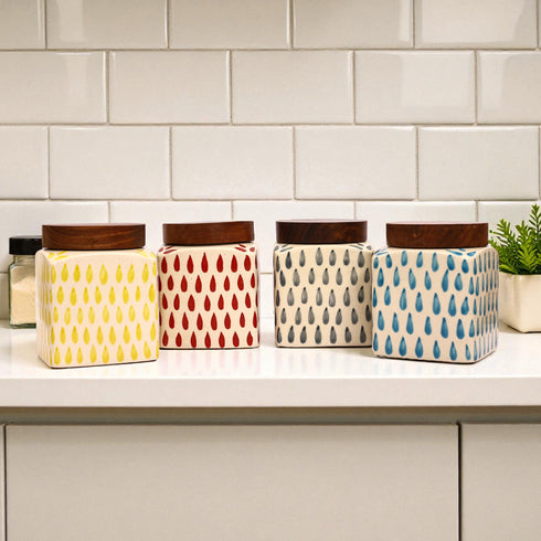 Square shared air tight ceramic Jar with pearl drop (Set of 4)