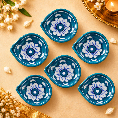 Teal Hand-painted Blue Pottery Diya Set