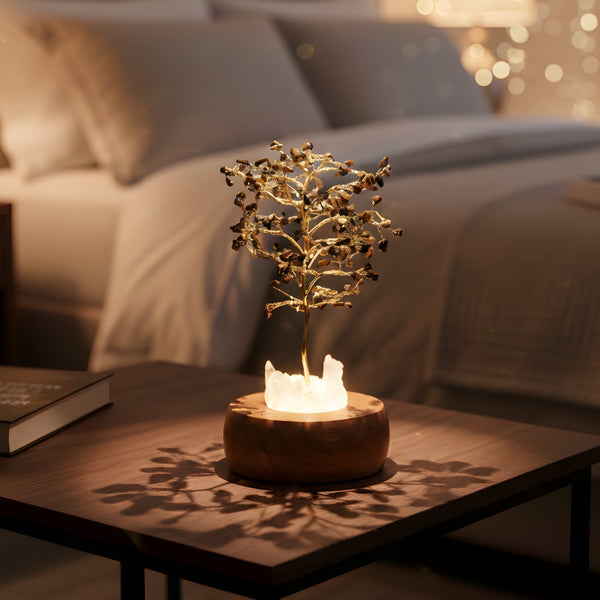 Tiger Eye Handcrafted Wish Tree Lamp with Wooden Base