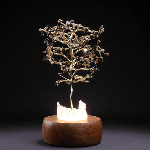 Tiger Eye Handcrafted Wish Tree Lamp with Wooden Base