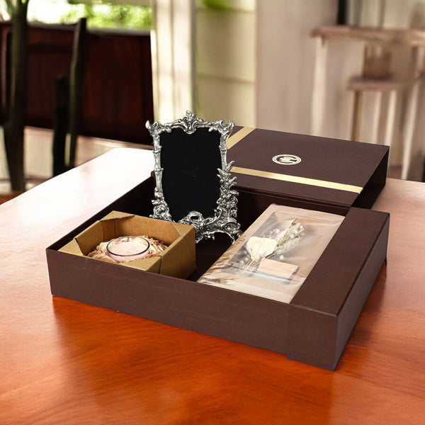 Timeless Grace box - Aroma Reed diffuser, Thai Rose fragrant Dried Flowers Wreath Candle, German Silver Photo Frame