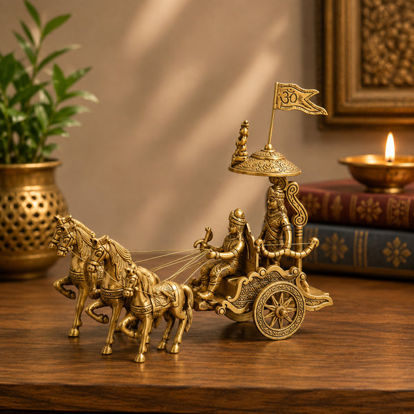 Traditional Brass Arjun-Krishna Mahabharata Rath Showpiece