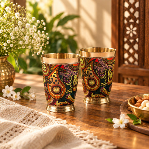 Traditional Brass Glass with Vibrant Indian Motifs