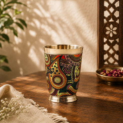 Traditional Brass Glass with Vibrant Indian Motifs