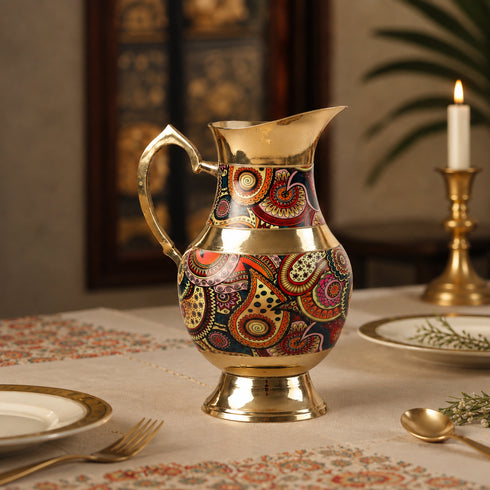 Traditional Brass Jug Pitcher with Vibrant Indian Motifs