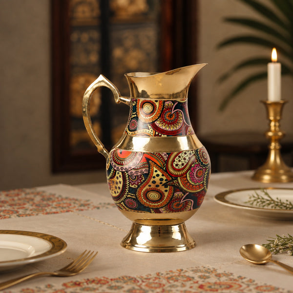 Traditional Brass Jug Pitcher with Vibrant Indian Motifs