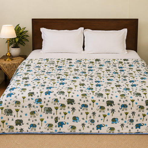 Traditional Elephant Folk Print Double Bed Dohar