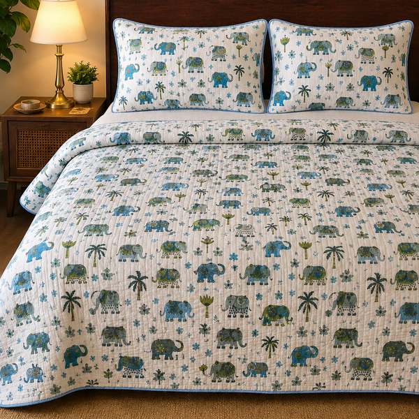 Traditional Elephant Folk Print Double Bed Bedcover and Pillow Cover