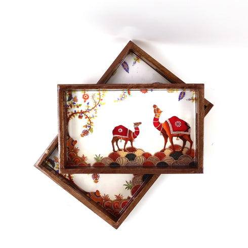 Traditional Indian Caravan-Inspired Wooden Serving Tray Set of 2