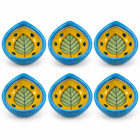 Blue & Yellow Leaf Blue Pottery Diya