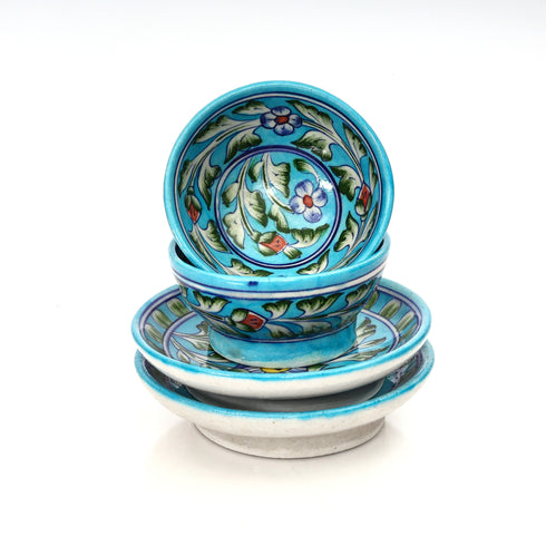 Turquoise Floral Jaipur Blue Pottery Snack Plate & Bowl Set – Handcrafted Elegance for Everyday Use