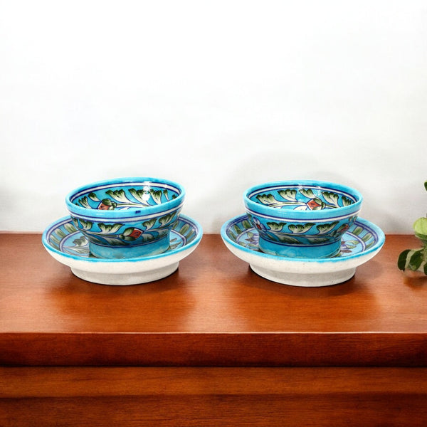 Turquoise Floral Jaipur Blue Pottery Snack Plate & Bowl Set – Handcrafted Elegance for Everyday Use
