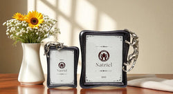 Two decorative photo frames with 'Natriel' branding on a wooden surface with a vase of flowers.