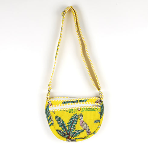 Vibrant Yellow Quilted Tropical Bird Moon Shaped Sling Bag – Hand Block Print