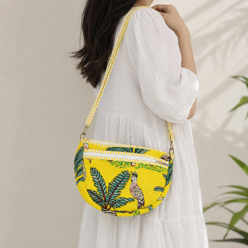 Vibrant Yellow Quilted Tropical Bird Moon Shaped Sling Bag – Hand Block Print