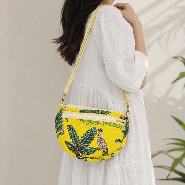 Vibrant Yellow Quilted Tropical Bird Moon Shaped Sling Bag – Hand Block Print