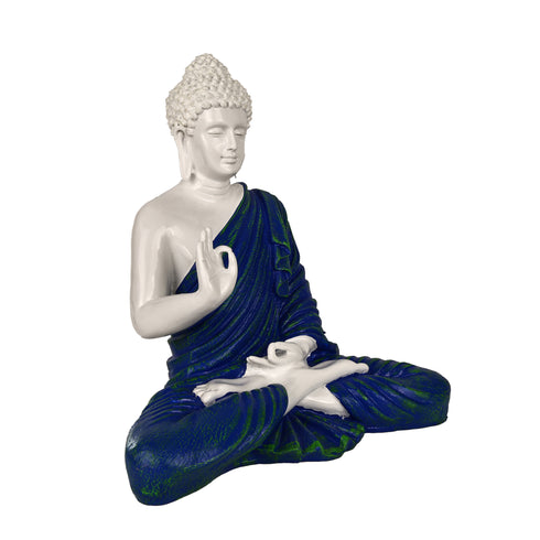 White & Blue Polyresin Buddha Statue – 14 Inch Handcrafted Meditating Monk Figurine for Peaceful Home & Office Décor