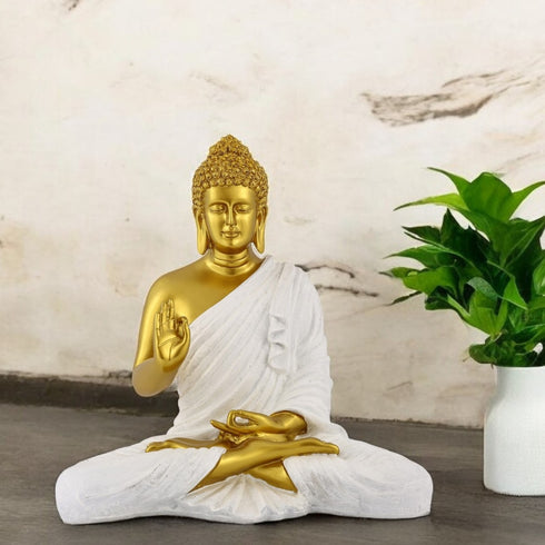 White & Gold Meditating Buddha Statue 14-Inch – Handcrafted Resin Idol for Home Decor, Vastu, and Spiritual Gifting