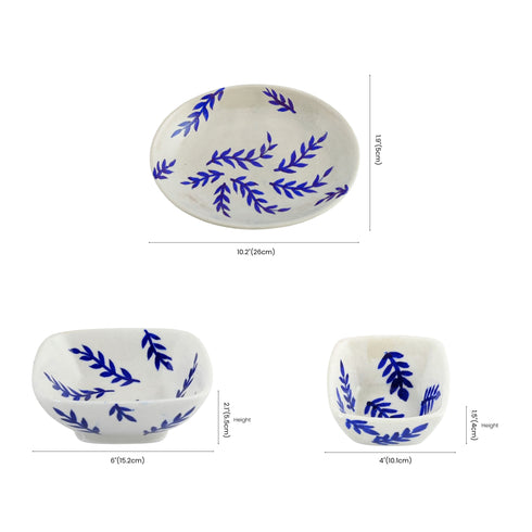 White Leaf Motif Serving Plate & Bowl – Handcrafted Jaipur Blue Pottery