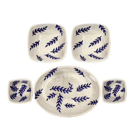 White Leaf Motif Serving Plate & Bowl – Handcrafted Jaipur Blue Pottery