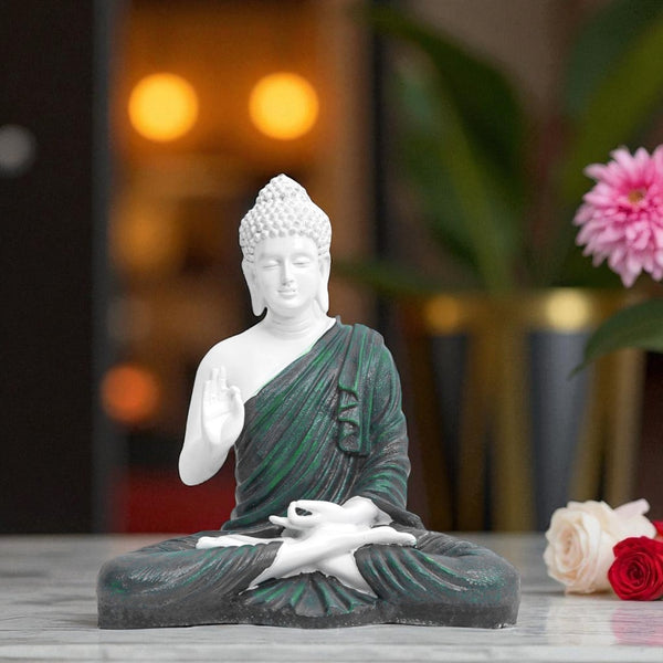 White Matte Finish Buddha Statue with Green Robe