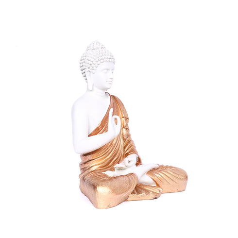 White Matte Finish Lord Buddha Statue—Rose Gold Drapery Details