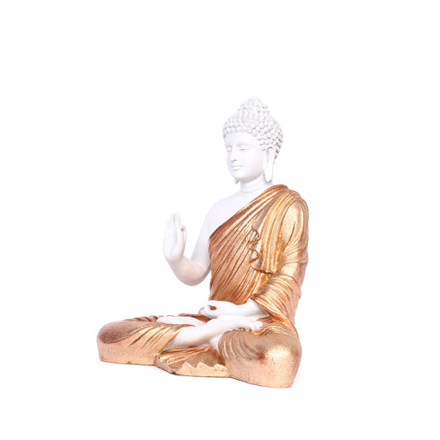White Matte Finish Lord Buddha Statue—Rose Gold Drapery Details